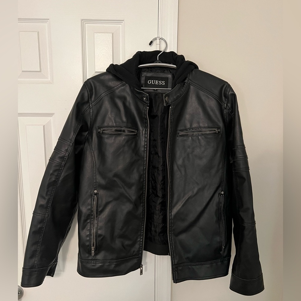 Guess Men’s leather jacket with detachable hood